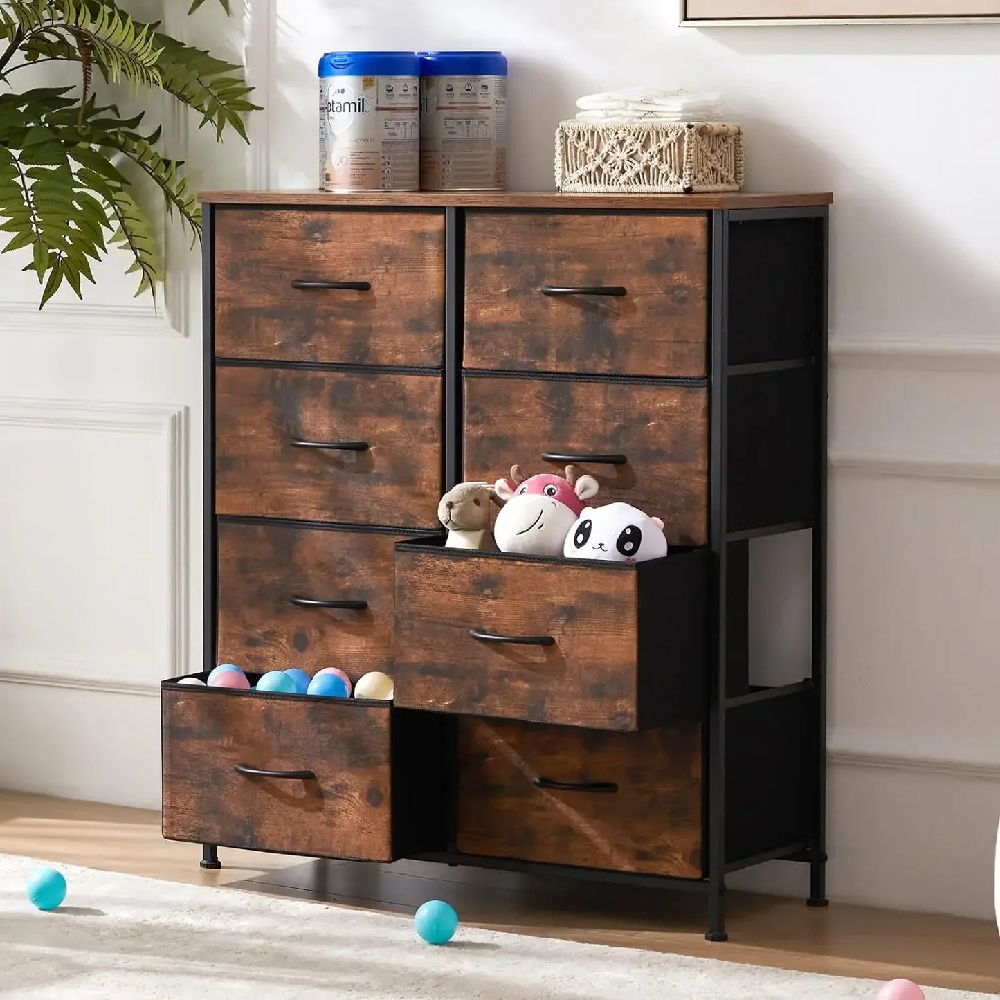 Dresser Drawers, Fabric Bins Make Up Table