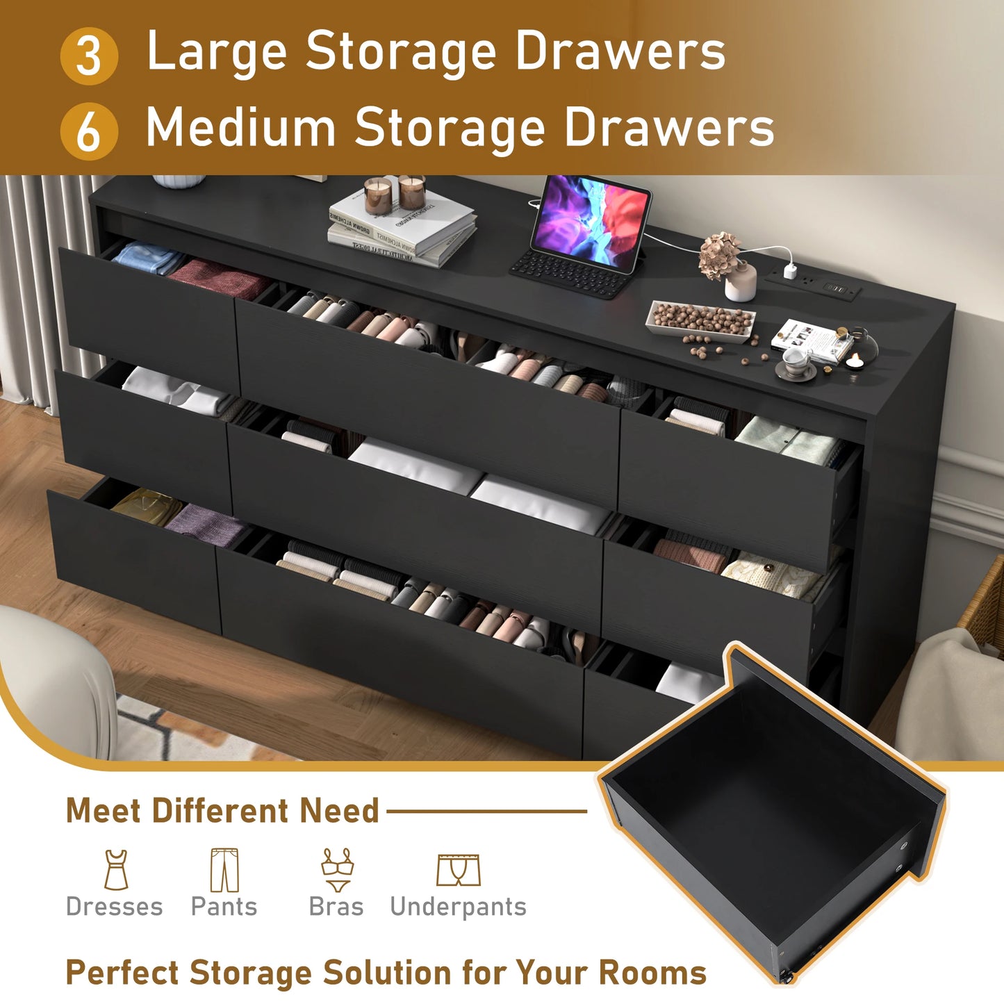 9 Drawer Dresser, Bedroom, Charging Station, wood Chest