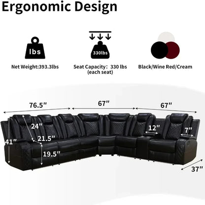 Power Recliner Sofa Sectional, LED Light, Leather