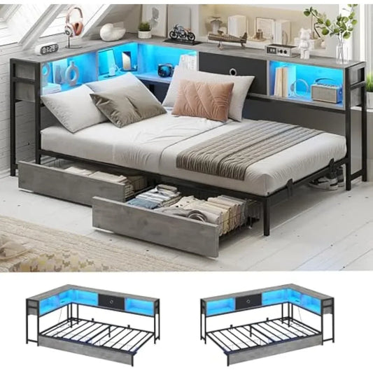 Corner Bed Frame Twin Size, Bookcase, Storage, LED