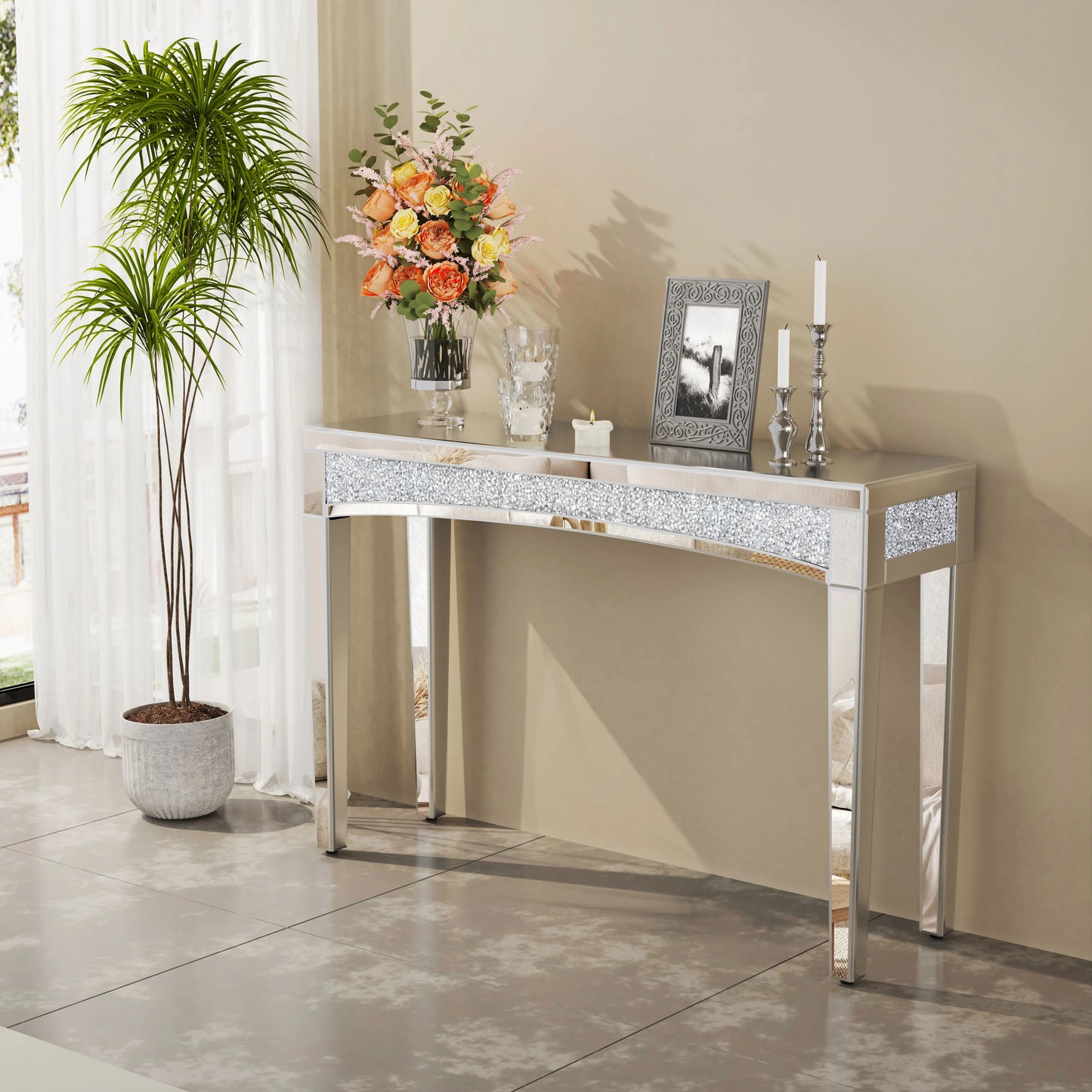 47.2" Mirrored Crystal Inlay Table, Entryway