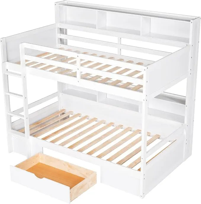 Twin Over Twin Bunk Bed, Built-in Shelves