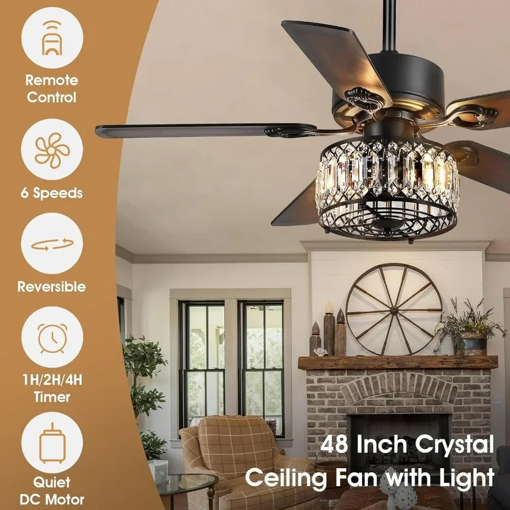 Crystal ceiling fan, lights, remote control, 48 inch