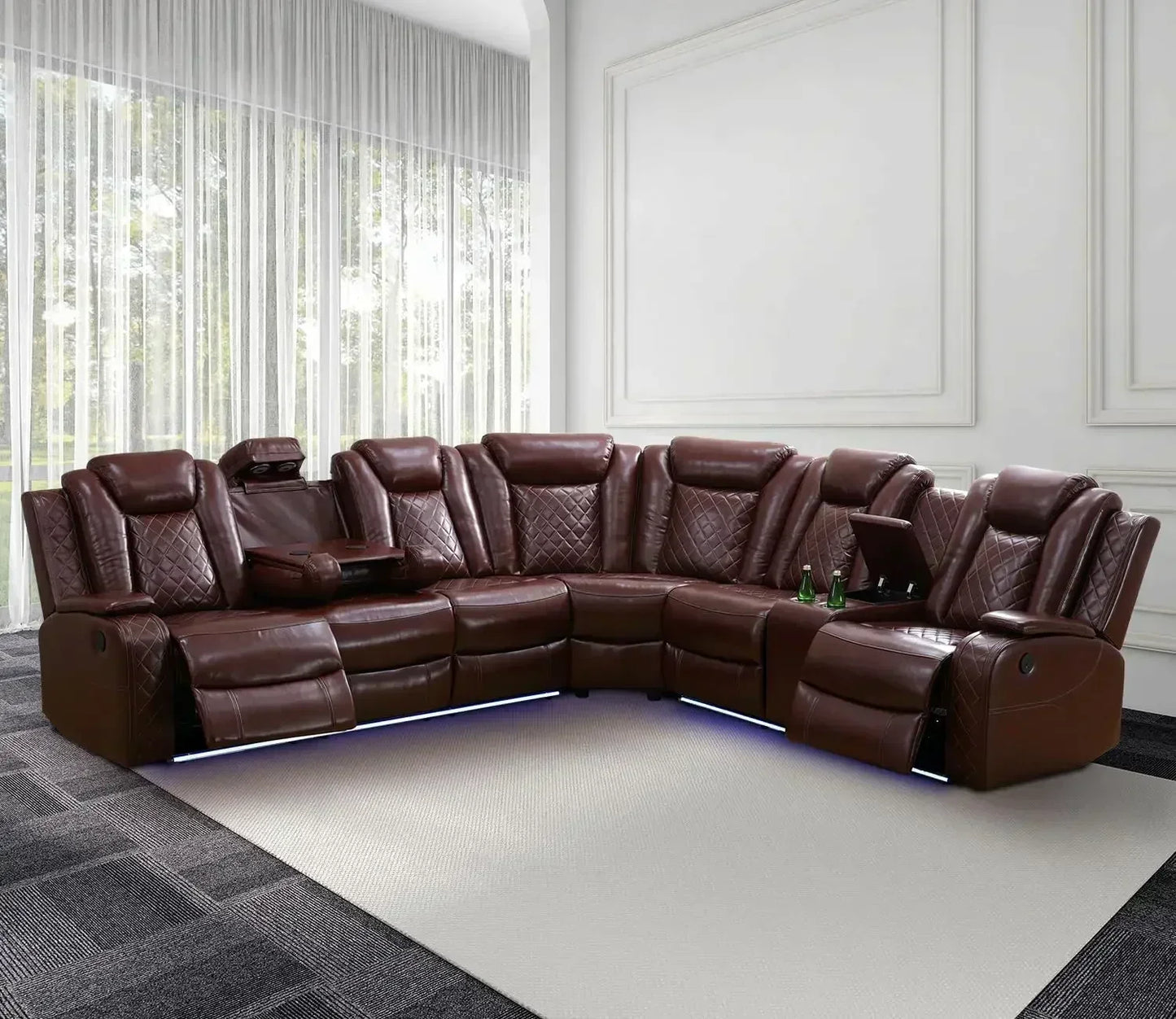 Power Recliner Sofa Sectional, LED Light, Leather