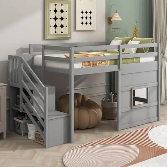 Twin Low Loft Bed with Stairs, Storage