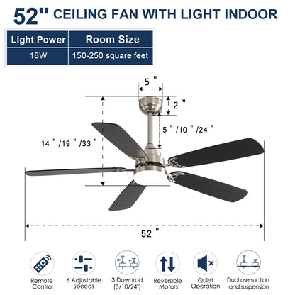 52-inch 5 Blade, Ceiling Fans, Remote Control