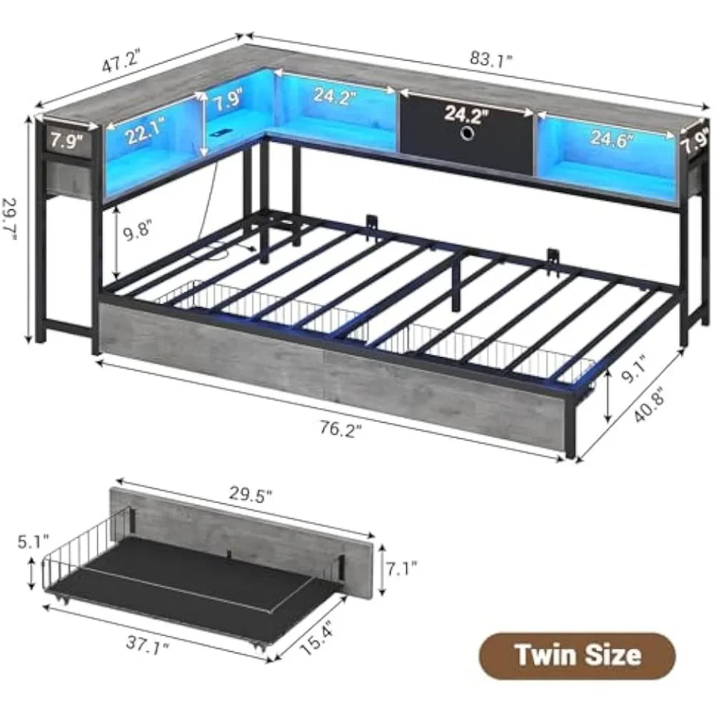 Corner Bed Frame Twin Size, Bookcase, Storage, LED