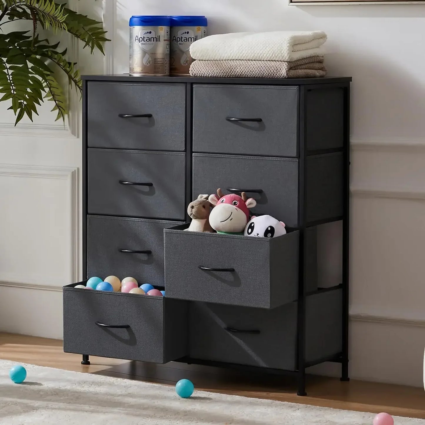 Dresser Drawers, Fabric Bins Make Up Table