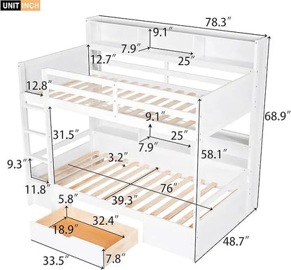 Twin Over Twin Bunk Bed, Built-in Shelves