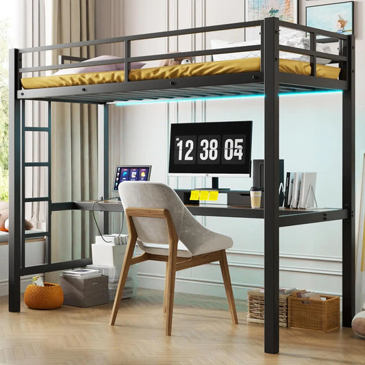 Twin Metal Loft Bed, LED Lights, Shelves