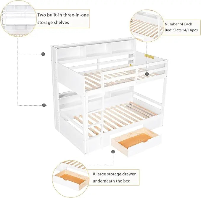 Twin Over Twin Bunk Bed, Built-in Shelves