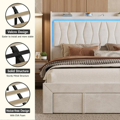 Bed Frame, LED Light, 3 Drawers Storage