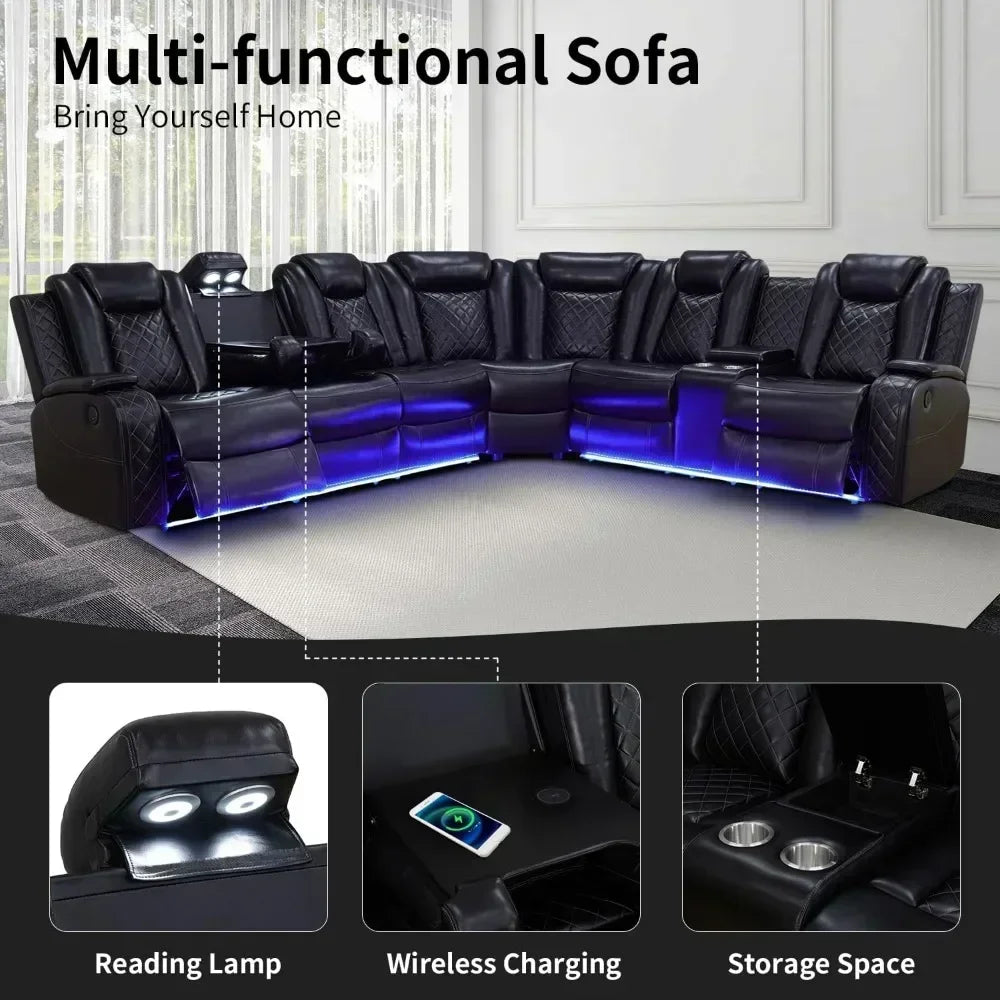 Power Recliner Sofa Sectional, LED Light, Leather