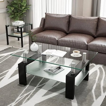 Rectangle Glass Coffee Table 2-Tier Modern