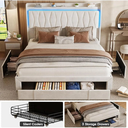 Bed Frame, LED Light, 3 Drawers Storage