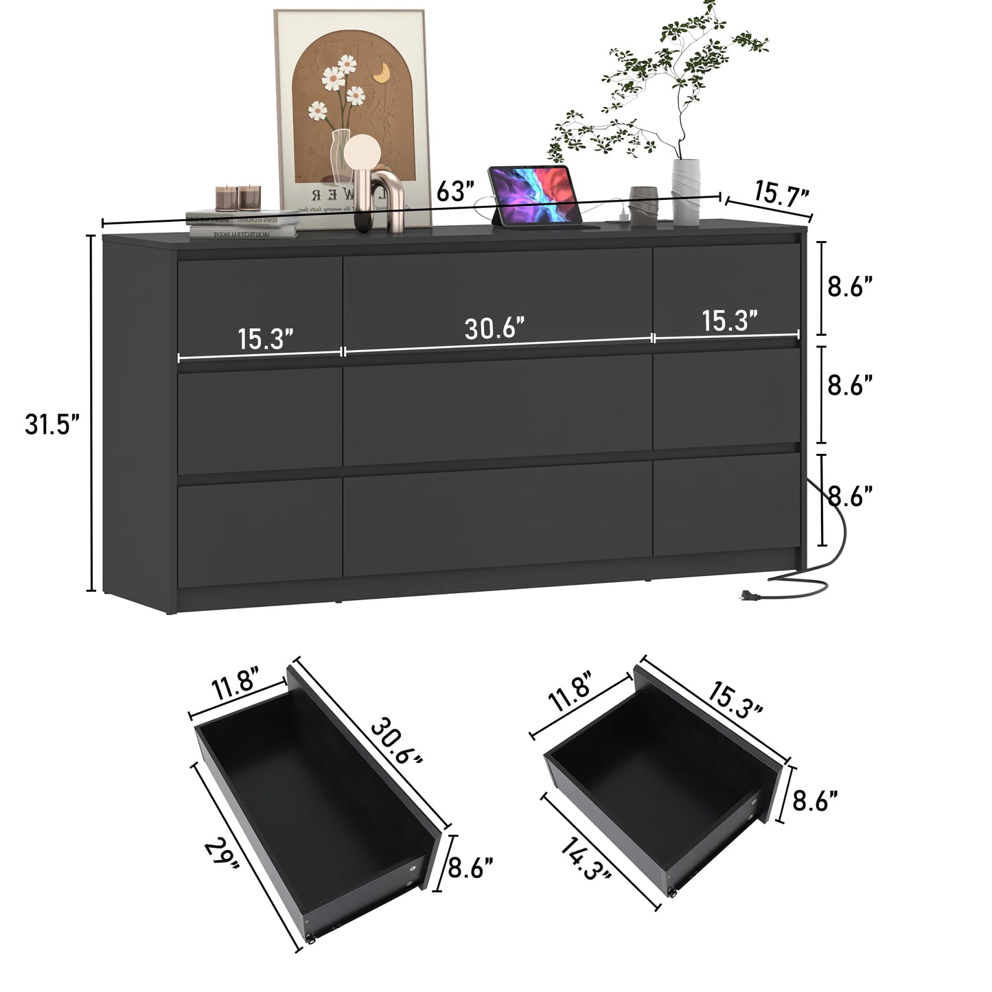 9 Drawer Dresser, Bedroom, Charging Station, wood Chest