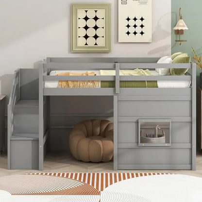 Twin Low Loft Bed with Stairs, Storage