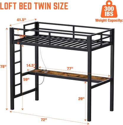 Twin Metal Loft Bed, LED Lights, Shelves