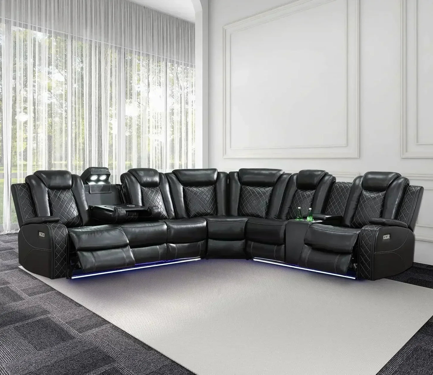 Power Recliner Sofa Sectional, LED Light, Leather