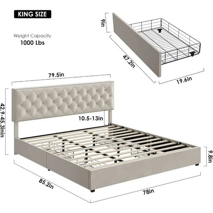 King, Bed Frame with 4 Storage Drawers,