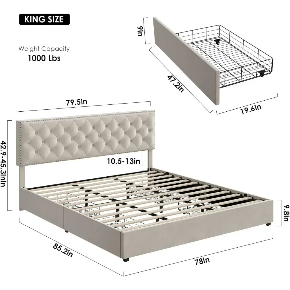 King, Bed Frame with 4 Storage Drawers,