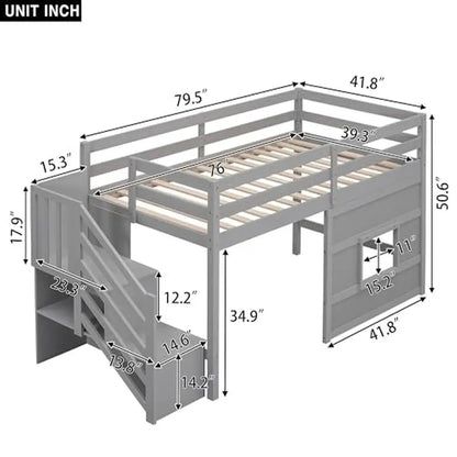 Twin Low Loft Bed with Stairs, Storage