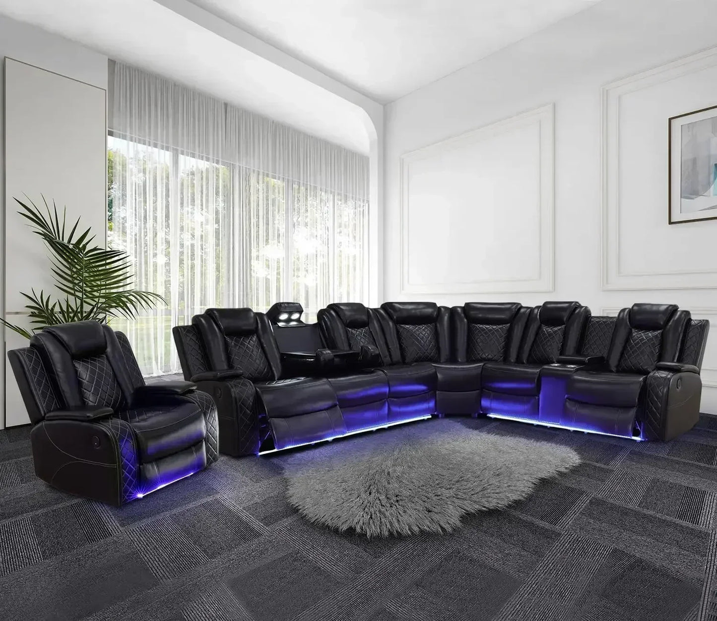 Power Recliner Sofa Sectional, LED Light, Leather