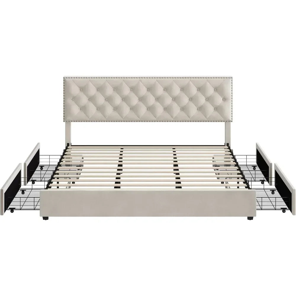 King, Bed Frame with 4 Storage Drawers,