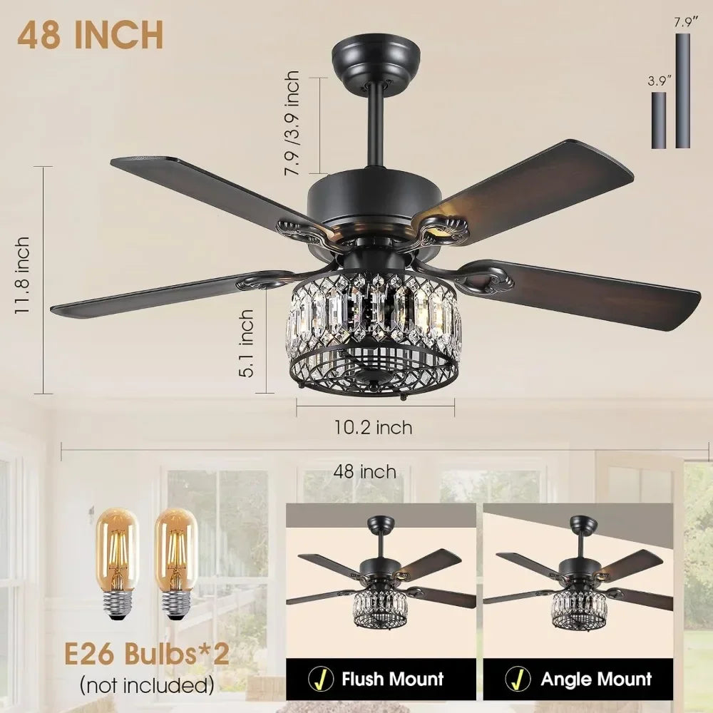 Crystal ceiling fan, lights, remote control, 48 inch