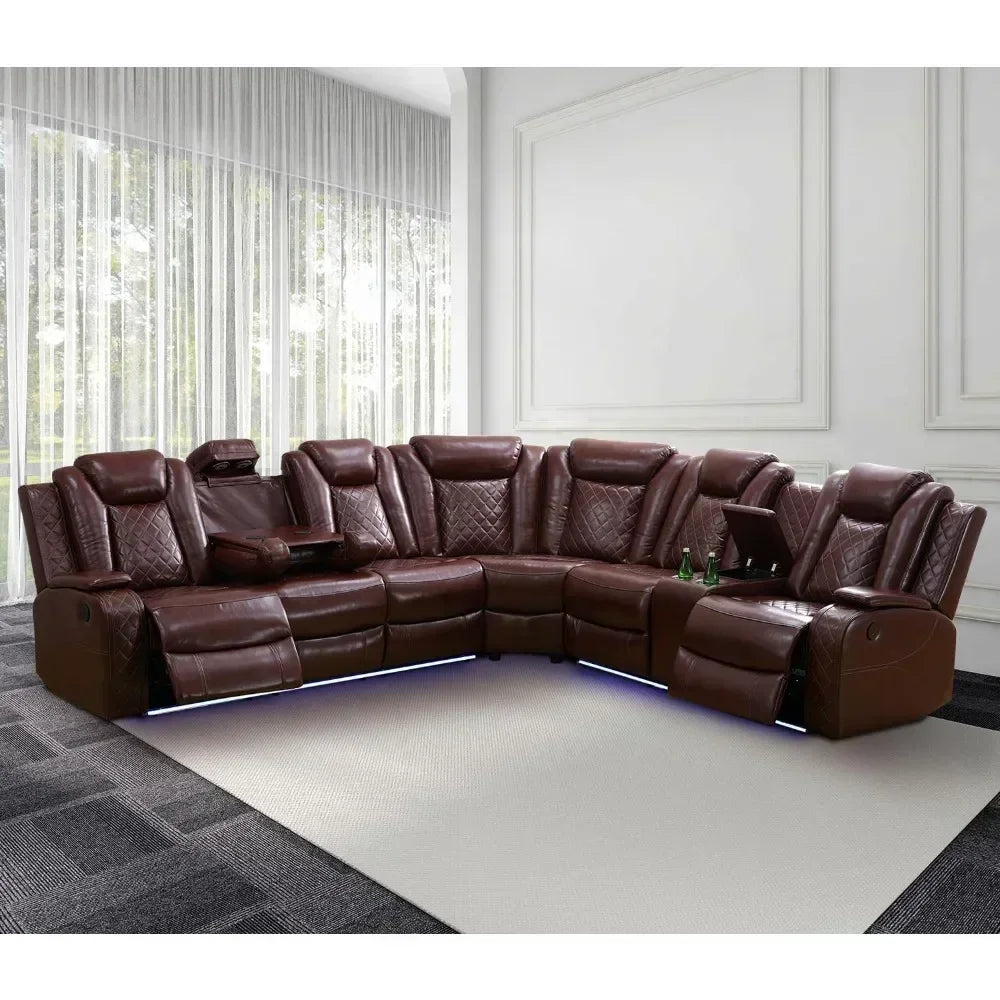 Power Recliner Sofa Sectional, LED Light, Leather